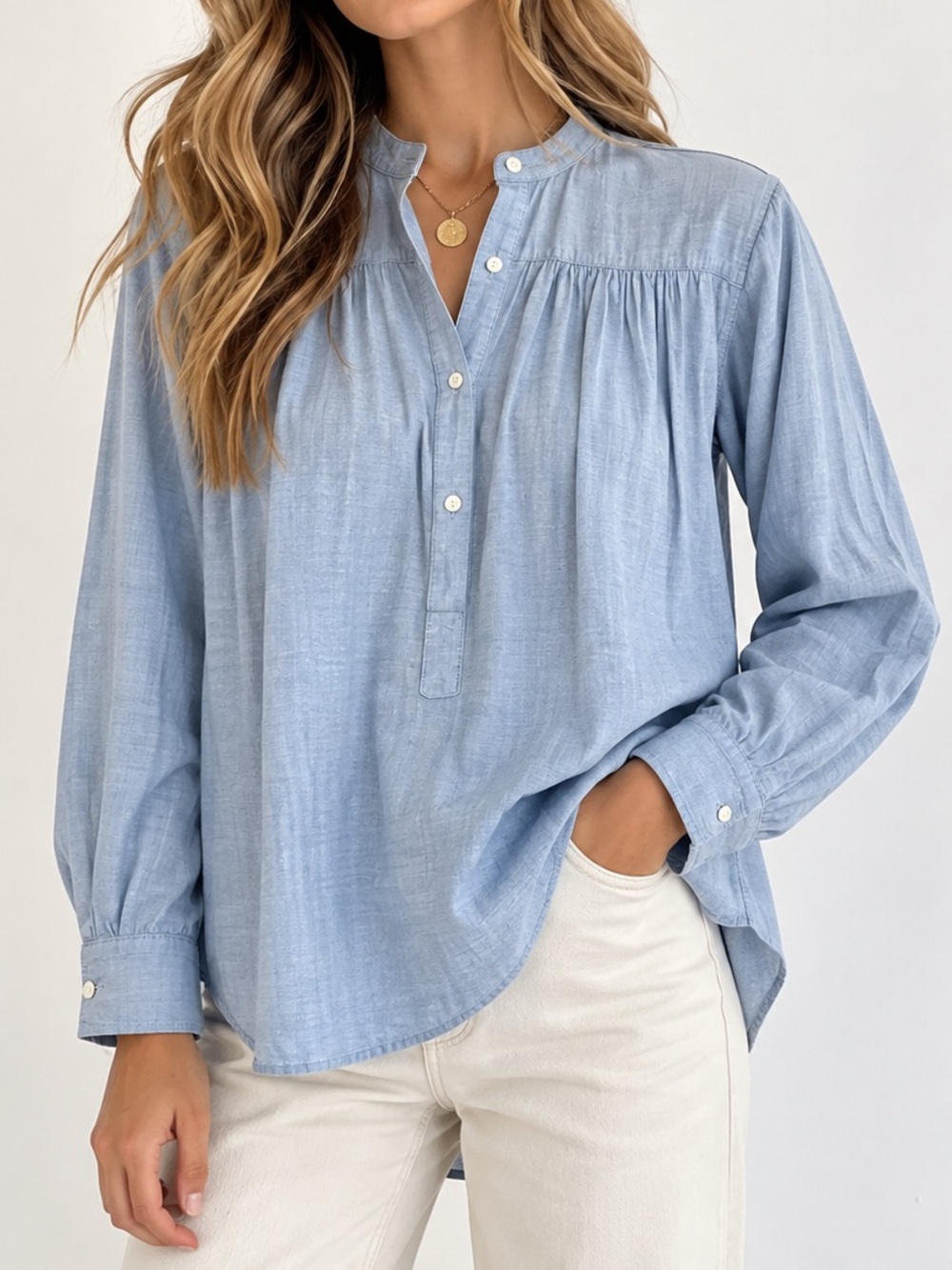 Nili Lotan Neville Blue Chambray Gathered Henley Blouse XS